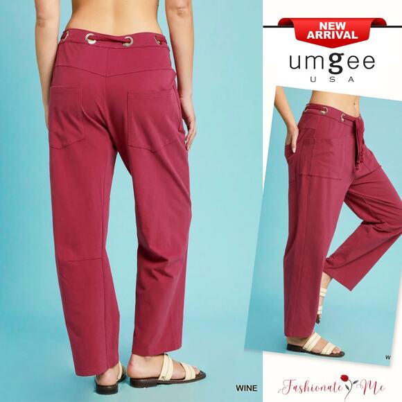 Umgee High Waist Adjustable Drawstring Casual Relaxed Fit Wide Leg Pants | Wine - Picture 1 of 5